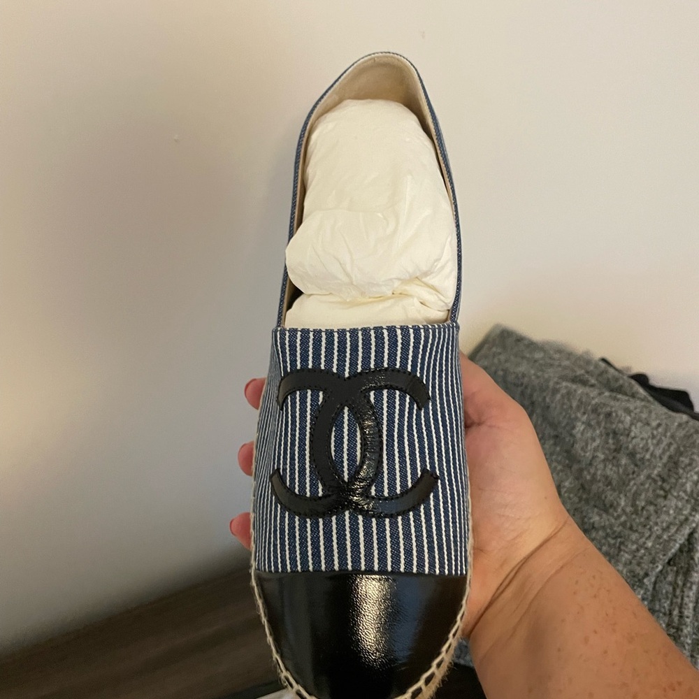 CHANEL Striped Blue and Black Espadrilles